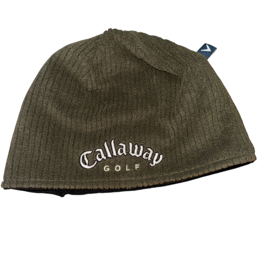 Callaway Golf Beanie Mens OSFM Pre-Owned Knit Cap Black Olive Green Reversible